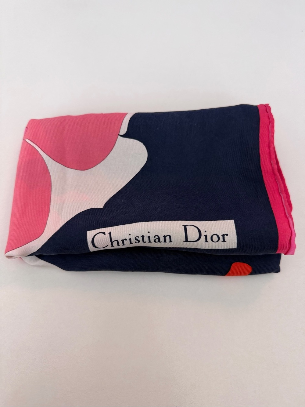 Authentic Vintage Christian Dior Navy & Pink Silk Scarf 29x29